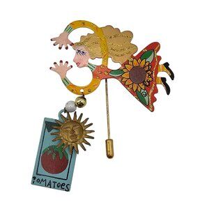 Karen Rossi Vintage Fanciful Flights Stick Pin Brooch Signed Tomato Sign & Sun